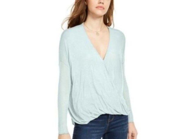 Polly & Esther Women's Juniors' Surplice-Neck Top Green Size X-Large
