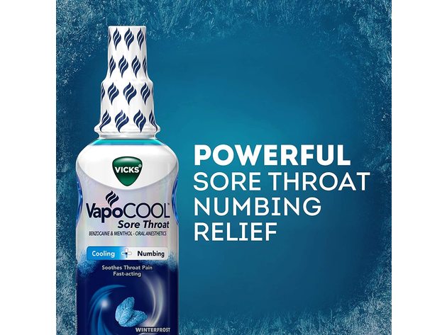 Vicks VapoCOOL Sore Throat Spray, Winterfrost, Intense Cooling and Powerful Numbing to Vaporize Your Sore Throat Pain, 6 Oz