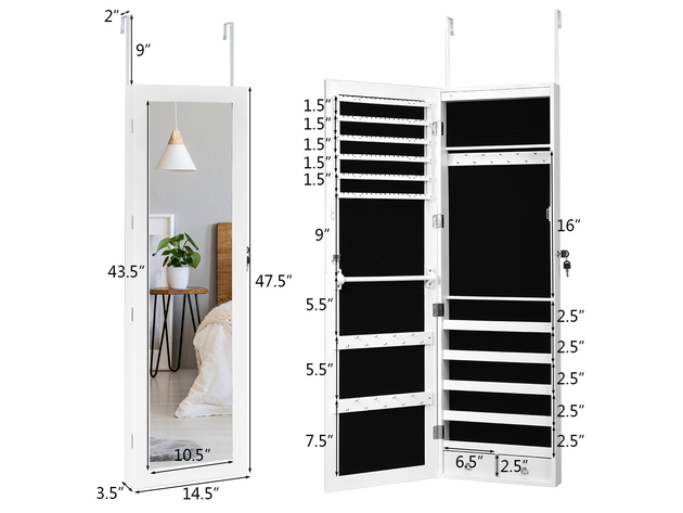 Costway Wall Door Mounted Mirror Jewelry Cabinet Organizer LED Light - White