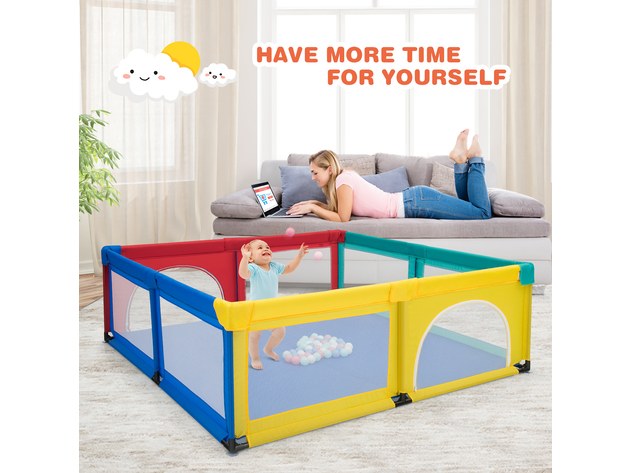 Costway Baby Playpen Infant Large Safety Play Center Yard w/ 50 Ocean Balls Grey\Colorful\Blue - Colorful
