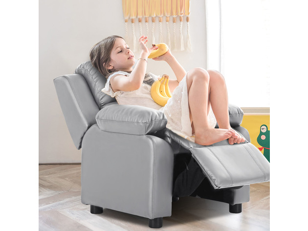 Deluxe Padded Kids Sofa Armchair Recliner Headrest Children w/ Storage Arms Gray 