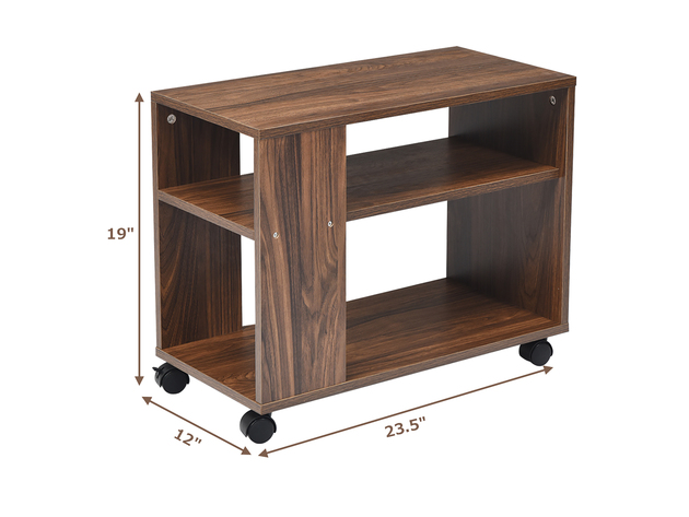 Costway 3-tier Side Table W/Storage Shelf W/Wheels Space-saving Industrial Nightstand - Brown
