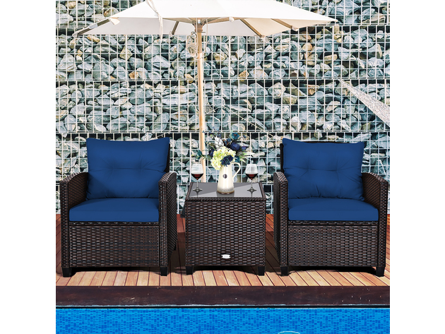 Costway 3PCS Patio Rattan Furniture Set Cushioned Conversation Set Coffee Table Navy - Navy