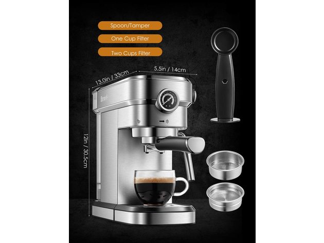 Brewsly 15 Bar Espresso Machine, Stainless Steel Compact Espresso Maker with Milk Frother Wand , Professional Coffee Machine for Espresso, Cappuccino and Latte