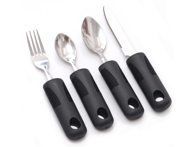 Homvare 4-Piece Kitchen Set, Adaptive Utensils with Wide, Non-Weighted, Non-Slip Handles for Hand Tremors - Black