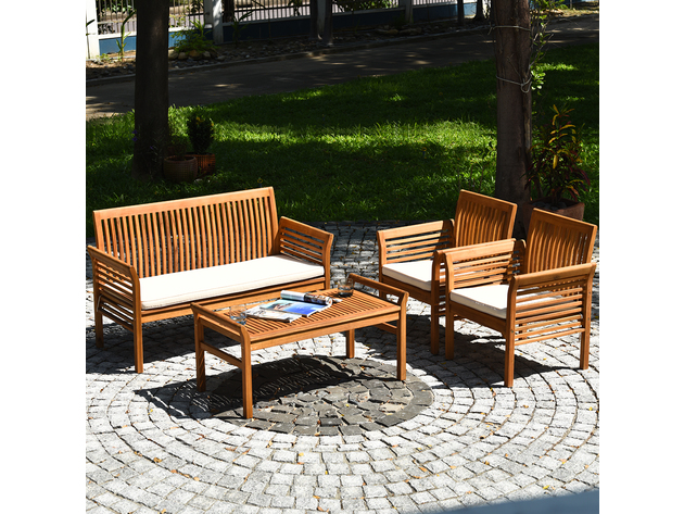 Costway 4 Piece Outdoor Acacia Wood Sofa Furniture Set Cushioned Chair Coffee Table Garden