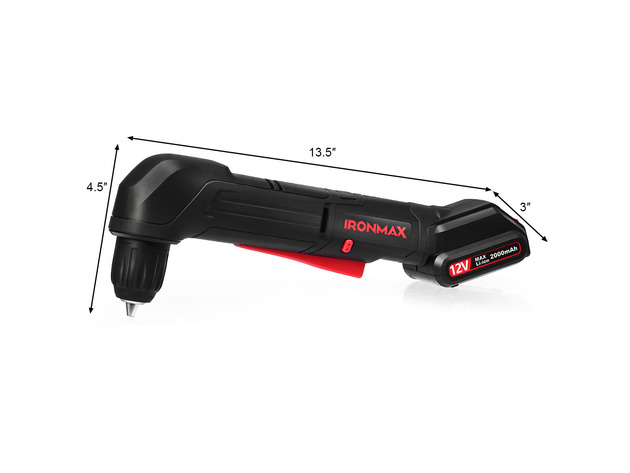 IRONMAX 12V 3/8'' Cordless Right Angle Drill/Driver Kit w/2.0Ah Lithium Battery & Charger - Black + Red 