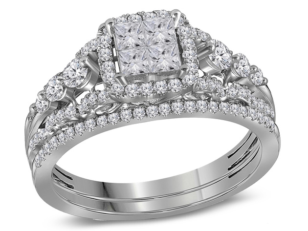 7/8 Carat (Color H-I, I2-I3) Princess Cut Diamond Engagement Ring Bridal Wedding Set in 14K White Gold - 8