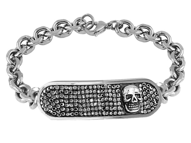 David Sigal Mens Skull Bracelet with Synthetic Crystals in Stainless Steel