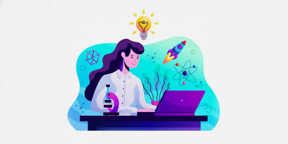 An illustration of a using a computer, surrounded by scientific thoughts and ideas