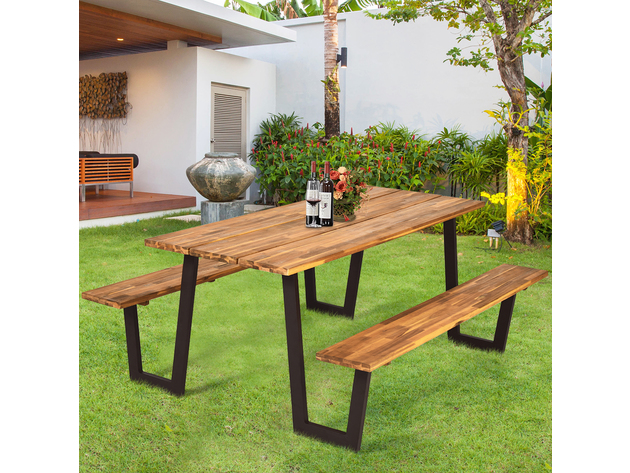 Costway Picnic Table with 2 Benches 70'' Dining Table Set with Seats and Umbrella Hole