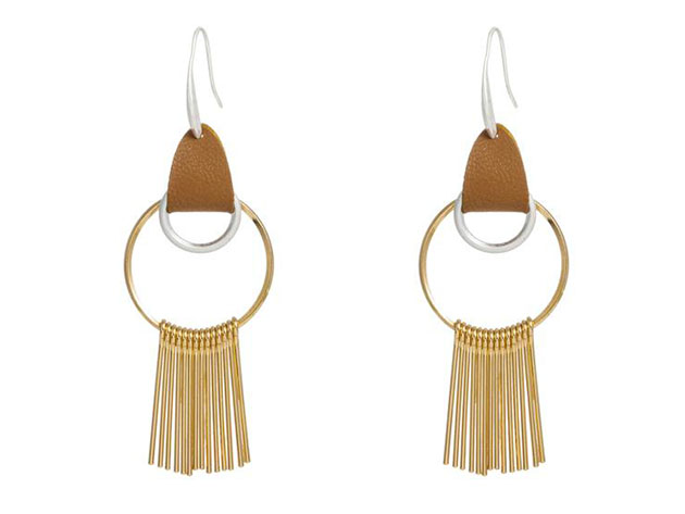 Gold Hoop Earrings with Gold Tassel & Leather Hook | StackSocial