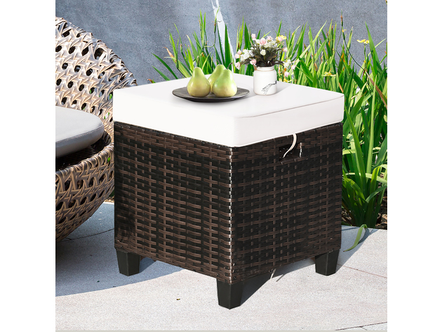 Costway 2 Piece Patio Rattan Ottoman Cushioned Seat Coffee Table Furniture Beige - Brown