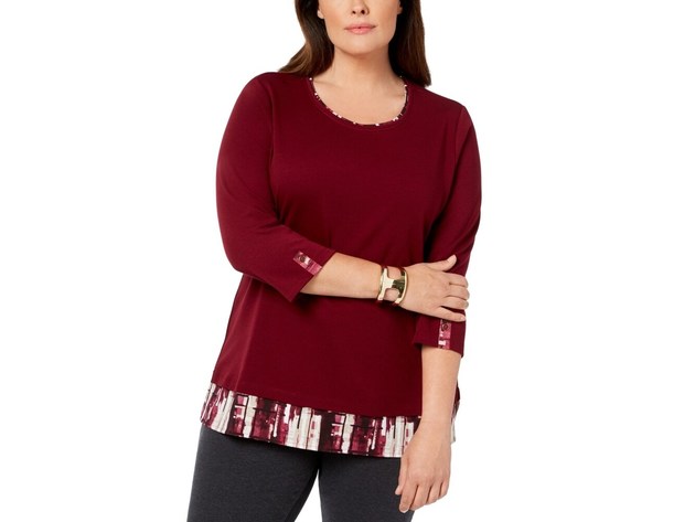 Karen Scott Women's Layered-Look Solid & Plaid Top Red Size Medium