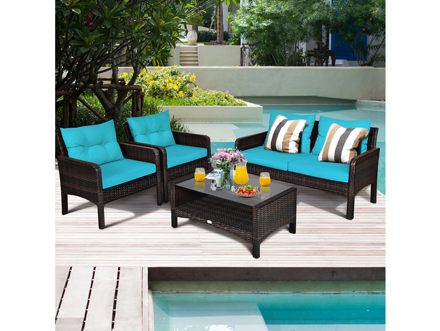 Costway 4PCS Patio Rattan Furniture Set Loveseat Sofa Coffee Table W/Turquoise Cushion