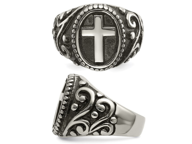 Mens Antiqued Stainless Steel Ring with Cross - 12