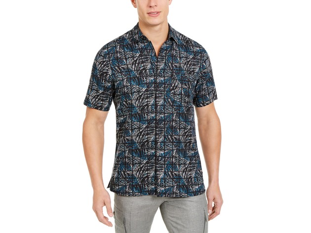 Tasso Elba Men's Stretch Leaf Grid-Print Shirt Black Size Extra Large