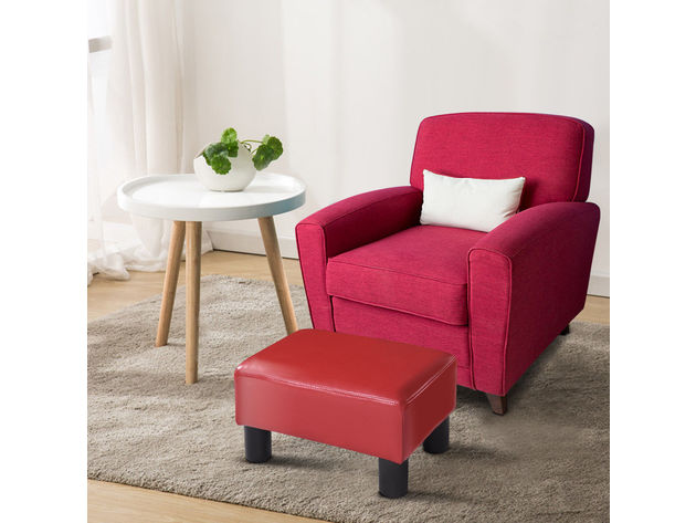 Costway Small Ottoman Footrest PU Leather Footstool Rectangular Seat Stool - Red