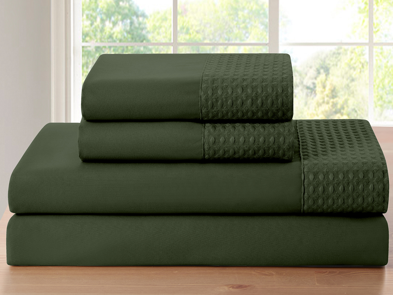 4-Piece Bamboo Blend Waffle Hem Sheet Set (Hunter Green/Twin)