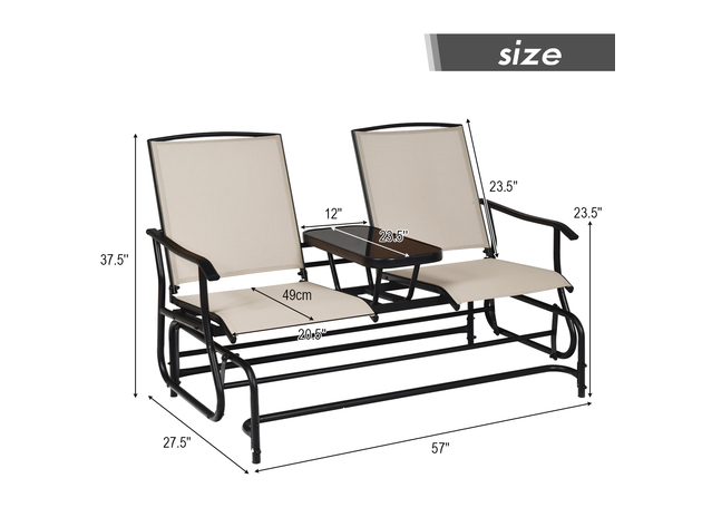 Costway 2 Person Patio Double Glider Loveseat Rocking with Center Table Beige