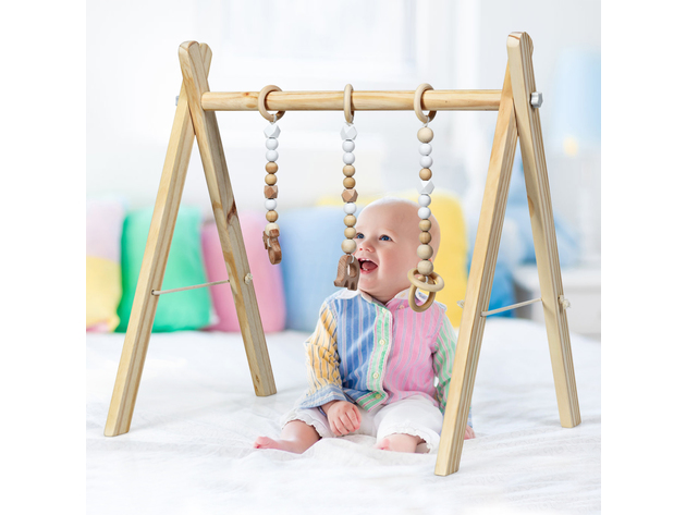 Foldable Wooden Baby Gym with 3 Wooden Baby Teething Toys Hanging Bar Natural - Natural Color