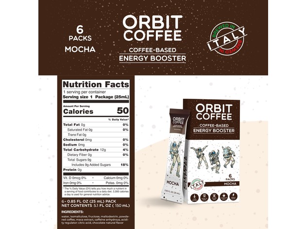 Orbit Coffee energy booster shots, coffee with maca root-Brewed in Italy, low calories & gluten Free - Mocha Flavor (6 Packs - 0.85 FL Oz/25 mL)