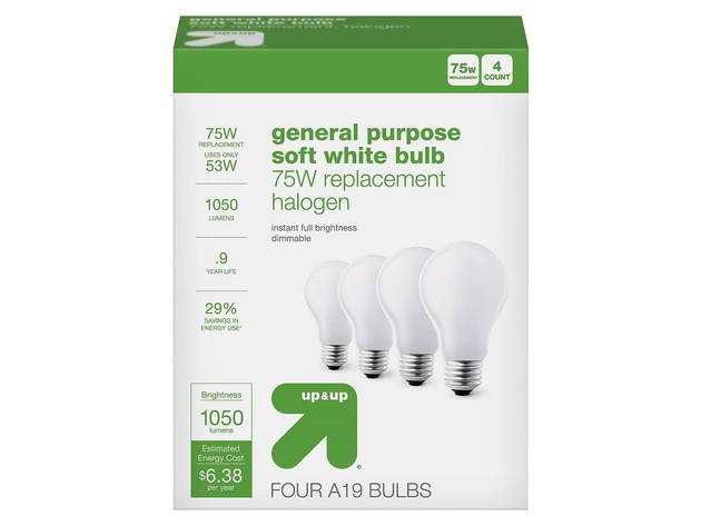 Up & Up A19 General Purpose 53 Watts Light Bulb Halogen, 1050 Lumens, 4 Count, Soft White (New Open Box)
