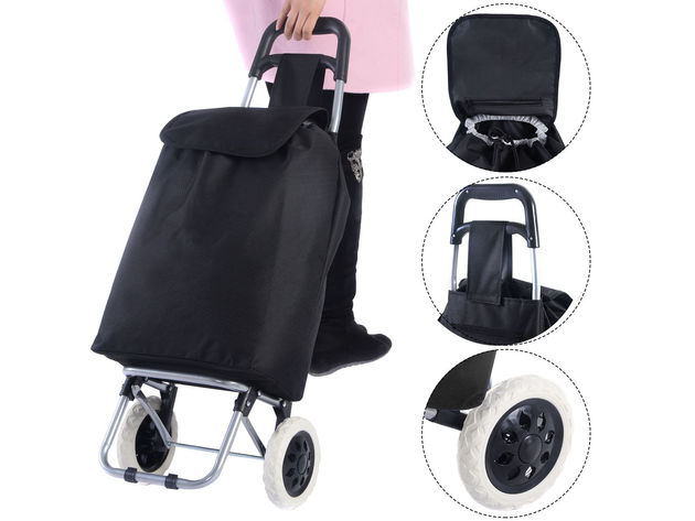 Costway Black Large Capacity Light Weight Wheeled Shopping Trolley Push Cart Bag - Black