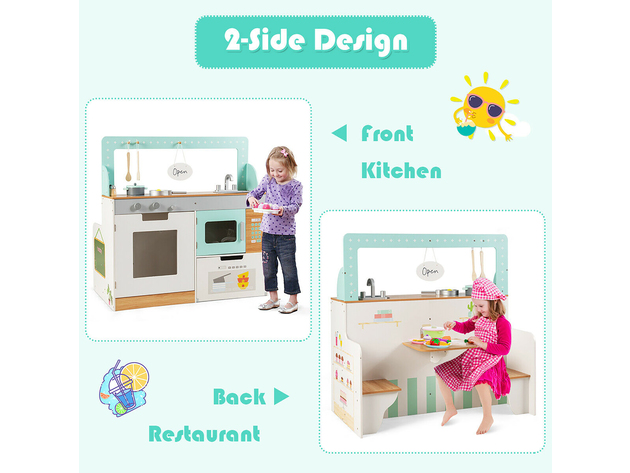 Costway 2 in 1 Kids Play Kitchen & Diner Restaurant Wooden Pretend Cooking Playset Toy