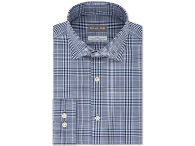 Michael Kors Men's Slim-Fit Non-Iron Airsoft Performance Stretch Plaid Dress Shirt Blue Size 16-3637