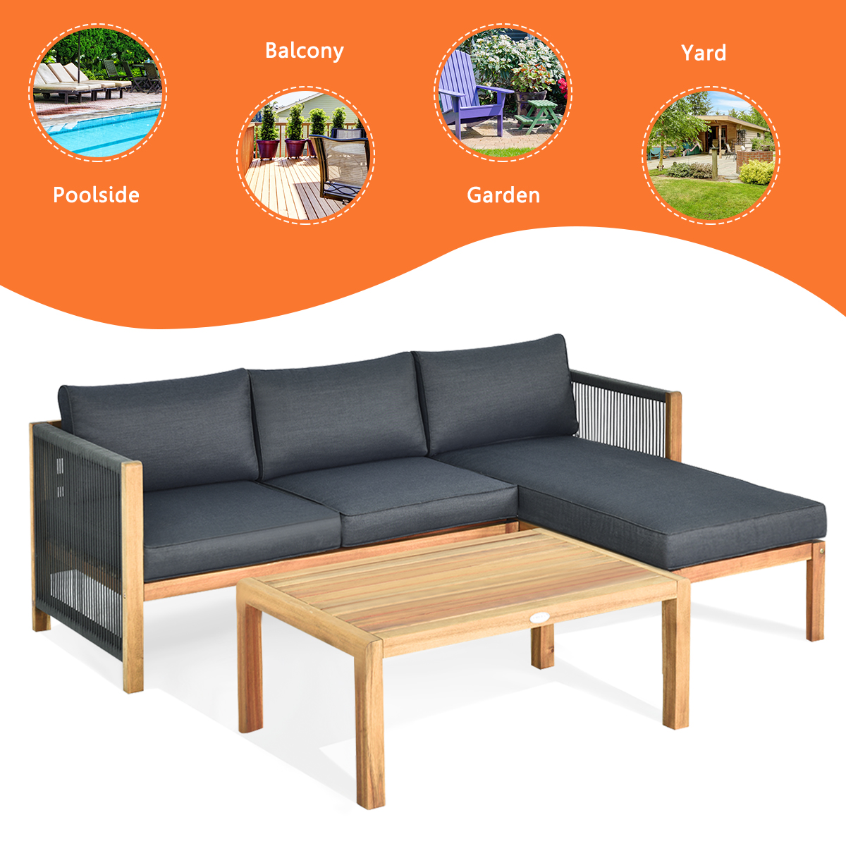 3 Piece Patio Sofa Furniture Set Thick Cushion Acacia Wood | Joyus