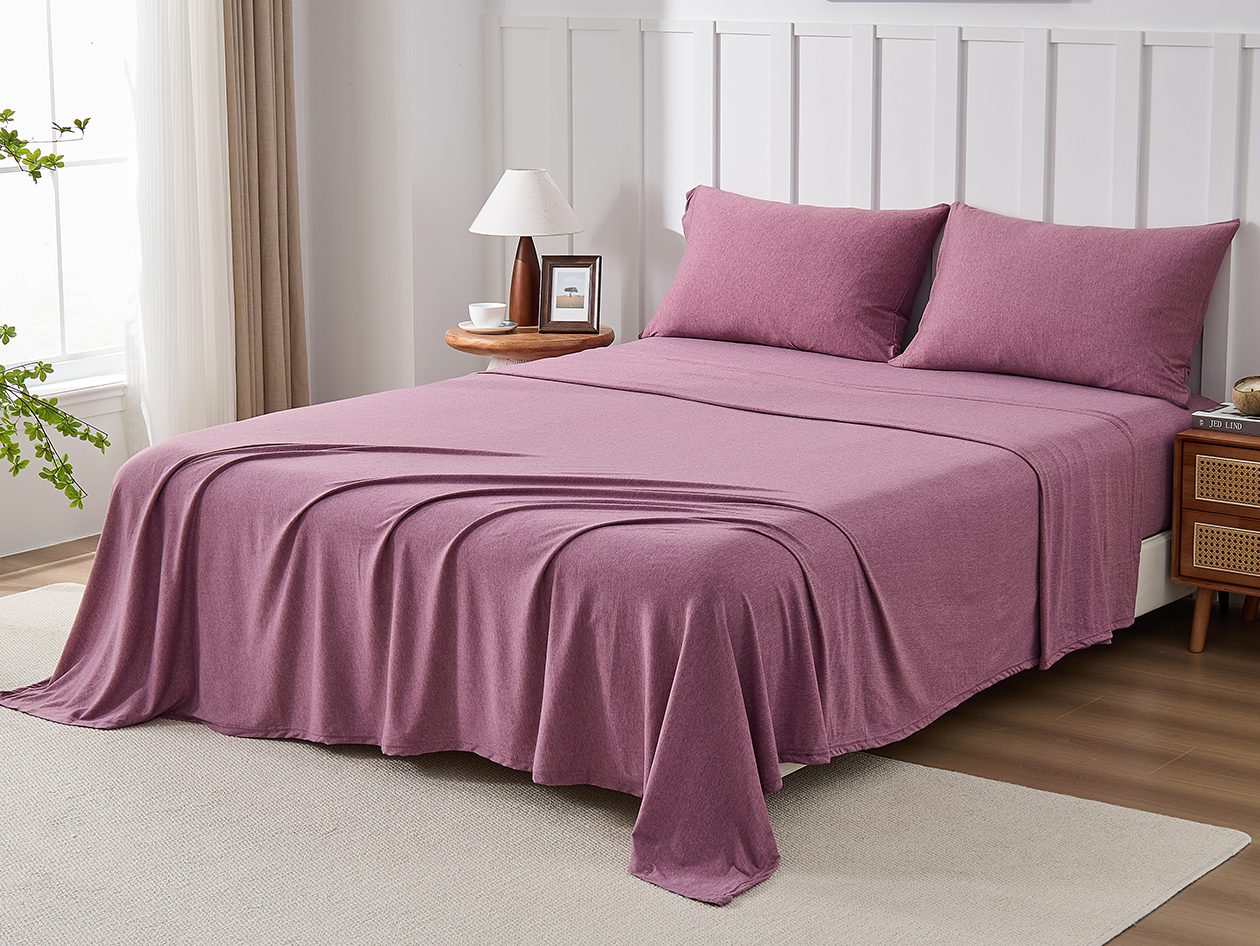 Kathy Ireland 4 Piece Heathered Jersey Knit Cotton Sheet Set (Full/Rose)