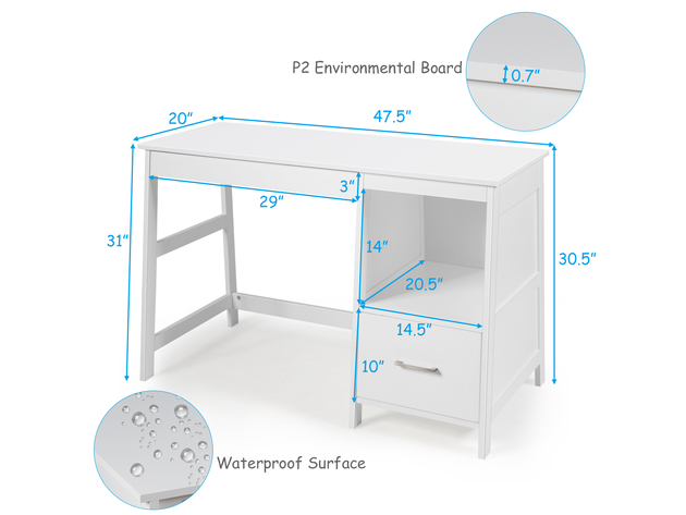 Costway 47.5'' Computer Desk Trestle Desk Writing Study Workstation w/ Shelf & 2 Drawers - White