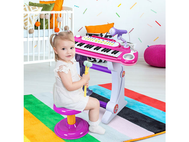Costway 37 Key Electronic Keyboard Kids Toy Piano MP3 Input w/ Microphone and Stool - Pink