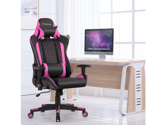 Goplus Massage Gaming Chair Reclining Racing Chair w/Lumbar Support and Headrest White\Blue\Pink\Red - Pink