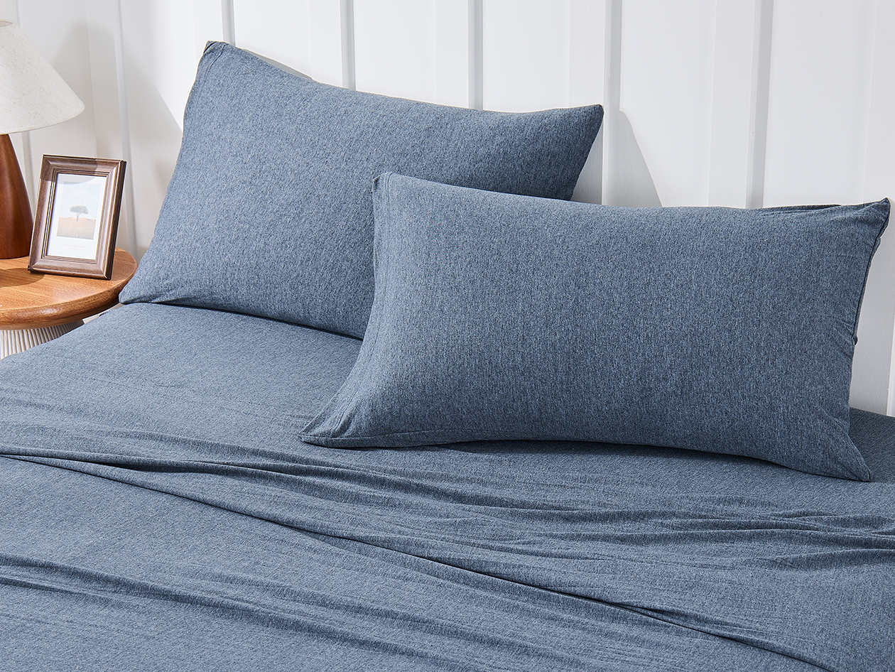 Kathy Ireland 4 Piece Heathered Jersey Knit Cotton Sheet Set (Queen/Denim)