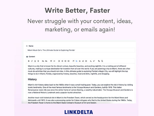 Linkdelta AI Writing Tool: Lifetime Subscription (Premium+ Plan)