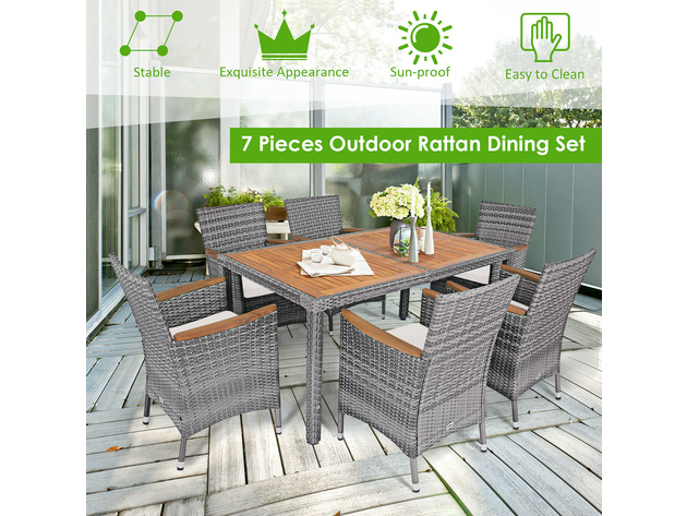 Costway 7PCS Patio Rattan Dining Set Acacia Wood Table Cushioned Chair Mix Gray - Gray, Natural