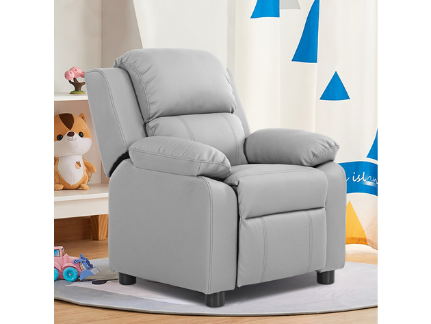 Deluxe Padded Kids Sofa Armchair Recliner Headrest Children w/ Storage Arms Gray 