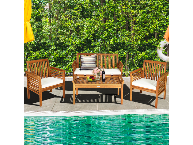 Costway 4 Piece Outdoor Acacia Wood Sofa Furniture Set Cushioned Chair Coffee Table Garden