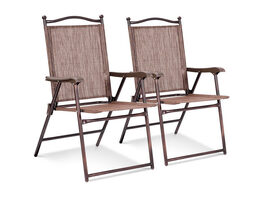 Costway Set of 2 Patio Folding Sling Back Chairs Camping Deck Garden Beach Brown 
