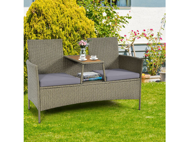 Costway 2-Person Patio Rattan Conversation Furniture Set Loveseat Coffee Table - Gray
