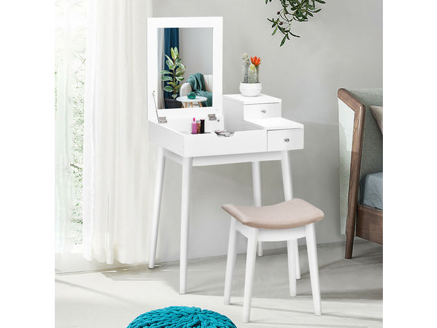 Costway Vanity Dressing Table Flip Desk Furniture Stool 2 - White