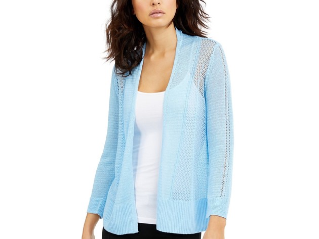 Alfani Women's Mixed-Stitch Open-Front Linen-Blend Cardigan Blue Size Small