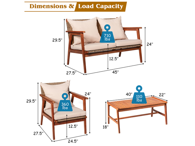 Costway 4 Piece Patio Rattan Furniture Set Acacia Wood Frame Cushioned Sofa Chair Garden Coffee