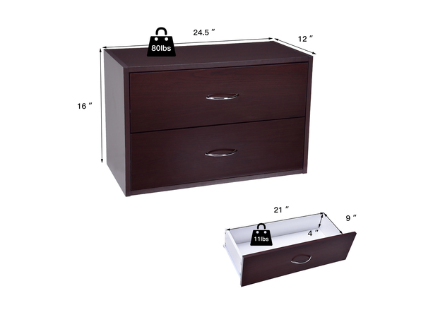 Costway 2-Drawer Dresser Horiztonal Organizer w/Handle Wood End Table Nightstand - Brown/ White