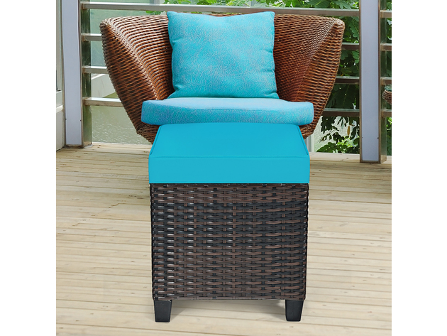 Costway 2 Piece Patio Rattan Ottoman Cushioned Seat Foot Rest Coffee Table Turquoise
