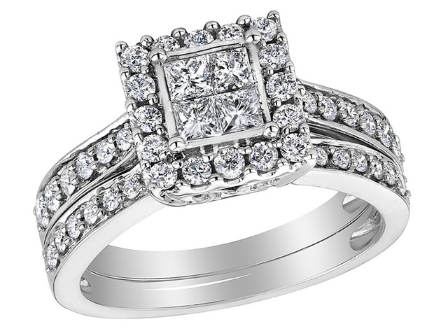 Princess Cut Diamond Engagement Ring & Wedding Band Set 1.50 Carat (ctw) in 14K White Gold - 8.5