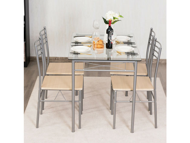 Costway 5 Piece Dining Set Table And 4 Chairs Glass Top Kitchen Breakfast Furniture 