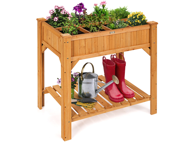Costway 8 Grids Raised Garden Bed Elevated Planter Box Kit Wood w/Liner & Shelf - Natural